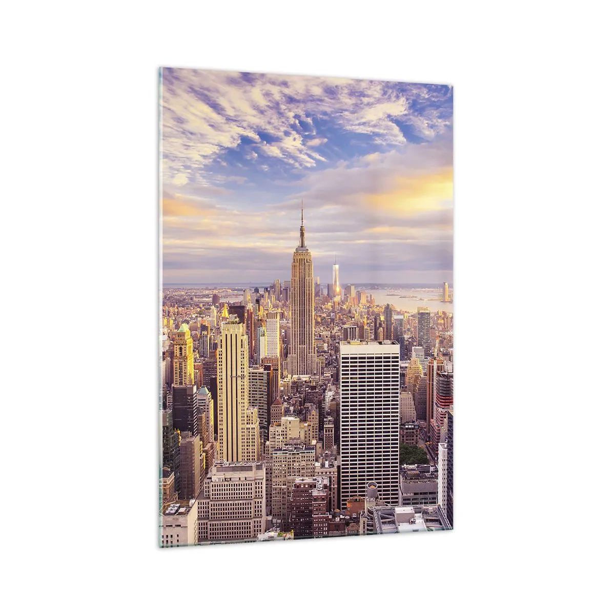 Obraz na szkle - Panorama nowoczesnego miasta z wieżowcami o zachodzie słońca - 70x100cm - Sięgnąć samych chmur - Nowoczesna dekoracja ścienna do salonu i sypialni ARTTOR