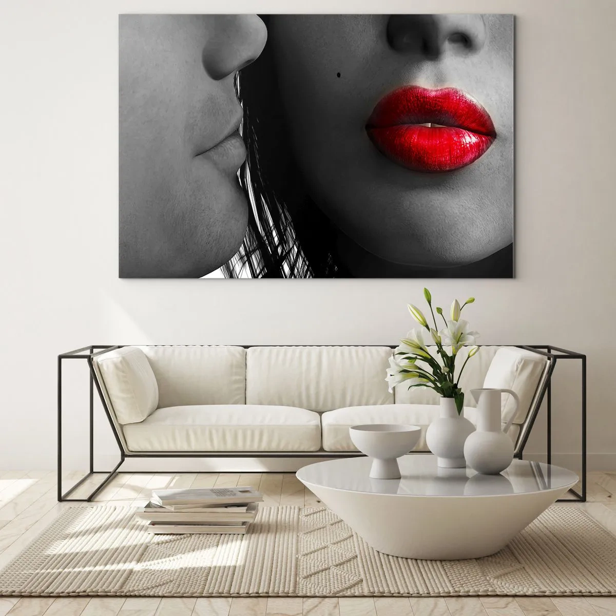 Obraz na szkle - Zmysłowe usta w kontrastowym ujęciu - 120x80cm - Twarz przy twarzy - Nowoczesna dekoracja ścienna do salonu, kuchni i sypialni ARTTOR