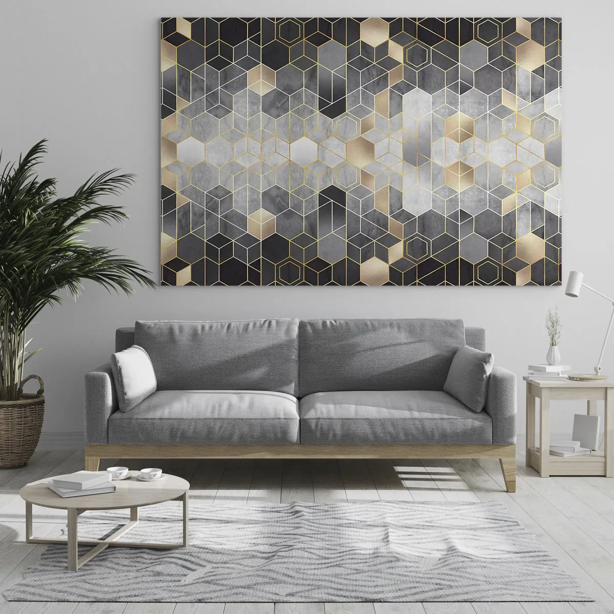 Obraz na szkle - Geometryczny wzór z heksagonów w złotych liniach - 120x80cm - Diamentowa kompozycja - Nowoczesna dekoracja ścienna do salonu, kuchni i sypialni ARTTOR