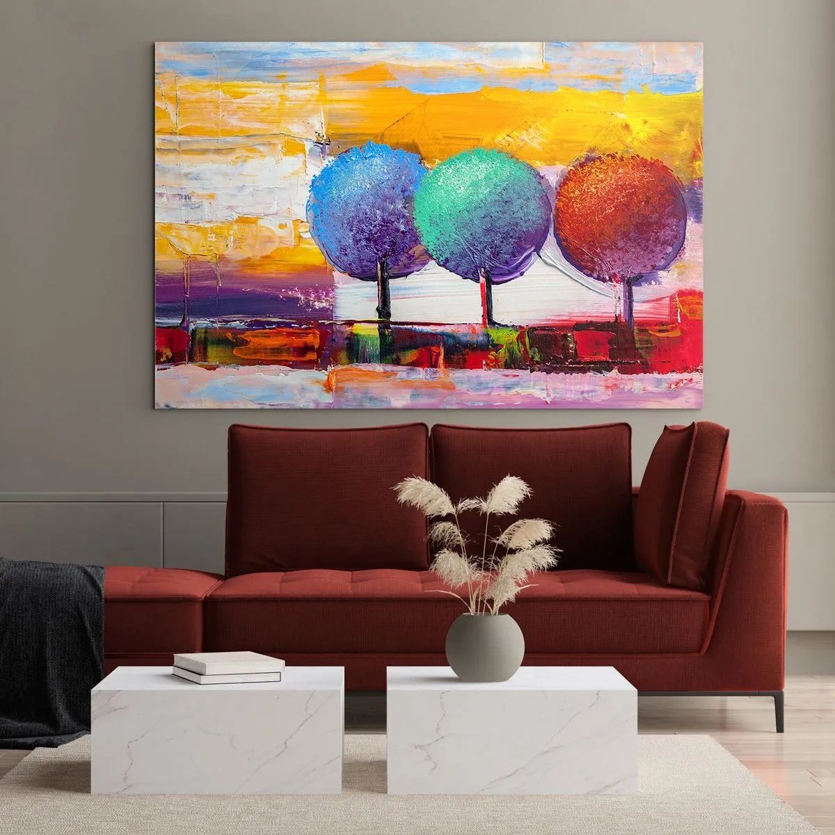 Obraz na szkle - Kolorowe abstrakcyjne drzewa na intensywnym tle - 100x70cm - Do trzech razy sztuka - Nowoczesna dekoracja ścienna do salonu, kuchni i sypialni ARTTOR