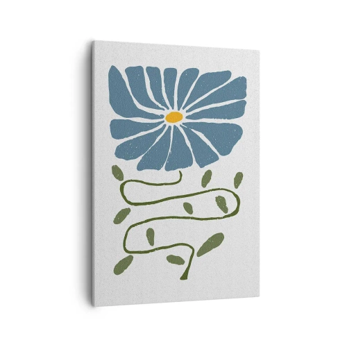 Obraz na płótnie - Niebieski kwiat z wijącą się zieloną łodygą na jasnym tle - 50x70cm - Gałązką do kwiatu - Nowoczesna dekoracja ścienna do salonu, kuchni i sypialni ARTTOR