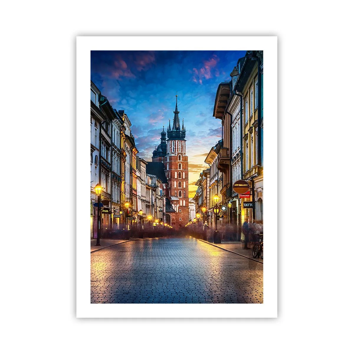 Plakat - Wieczorny widok na ulicę Grodzką i Kościół Mariacki w Krakowie - 50x70cm - Krakowski czar - Nowoczesna dekoracja ścienna do salonu, kuchni i sypialni ARTTOR