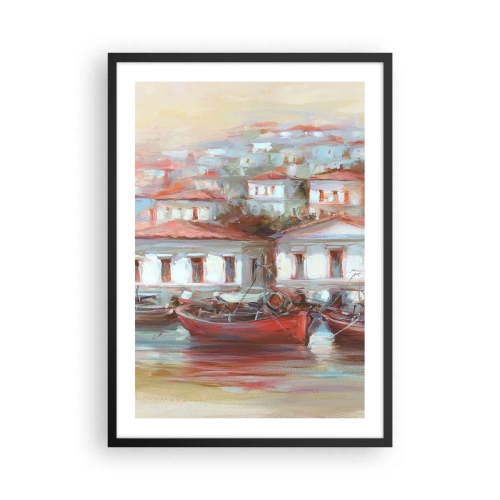 Plakat w czarnej ramie - Kolorowe miasteczko z łodziami przy brzegu - 50x70cm - Szczęśliwe miasteczko - Nowoczesna dekoracja ścienna do salonu i sypialni ARTTOR