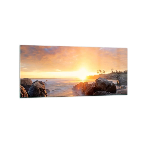 Obraz na szkle - Zachód słońca nad kamienistym wybrzeżem - 120x50cm - Świetlista bryza wieczoru - Nowoczesna dekoracja ścienna do salonu i sypialni ARTTOR