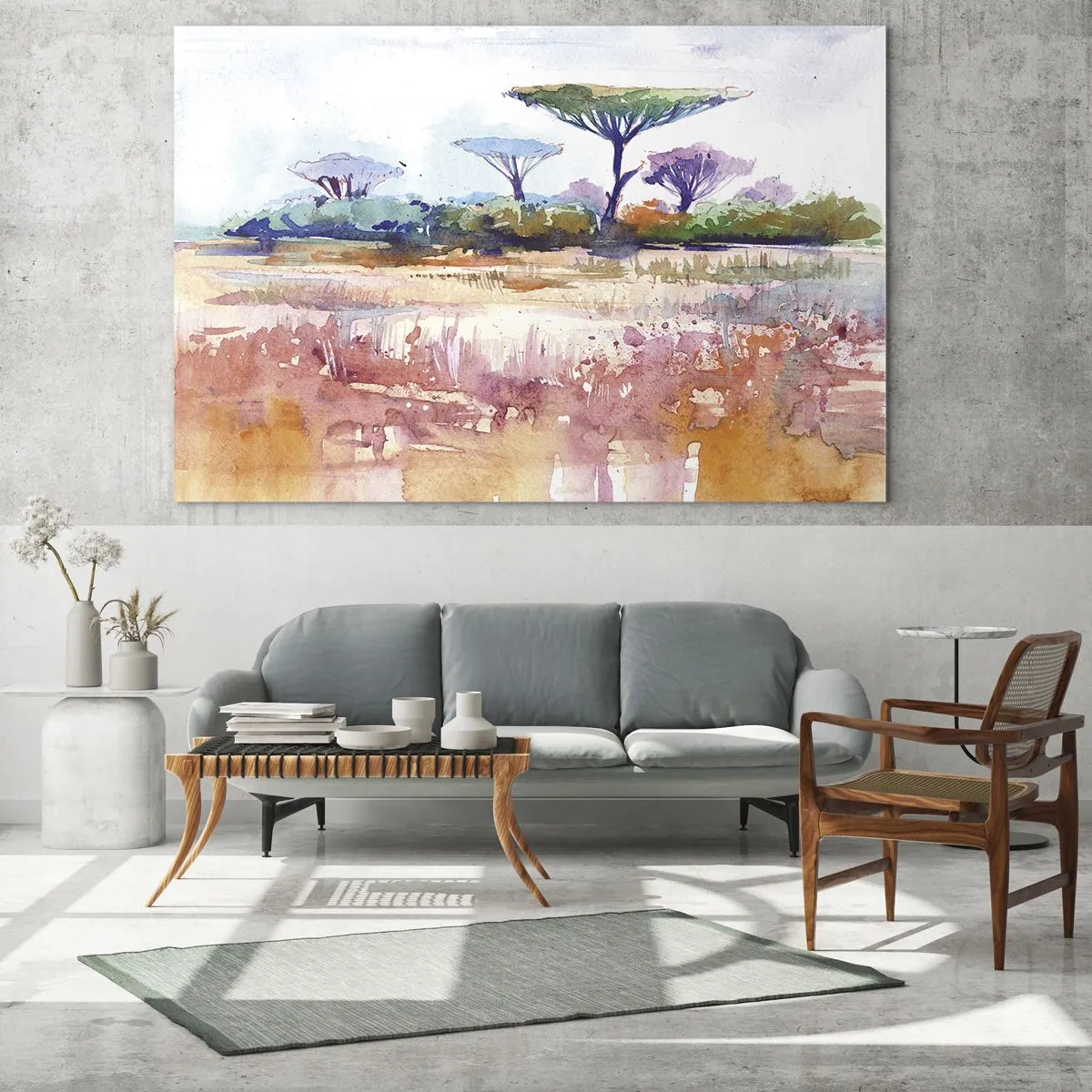 Obraz na szkle - Akwarelowy krajobraz sawanny z drzewami i roślinnością - 70x50cm - Kolory sawanny - Nowoczesna dekoracja ścienna do salonu i sypialni ARTTOR