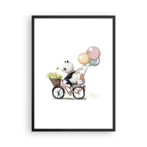 Plakat w czarnej ramie - Panda na rowerze z balonami i kwiatami w bajkowym stylu - 50x70cm - Szczęśliwy dzień - Nowoczesna dekoracja ścienna do salonu i sypialni ARTTOR