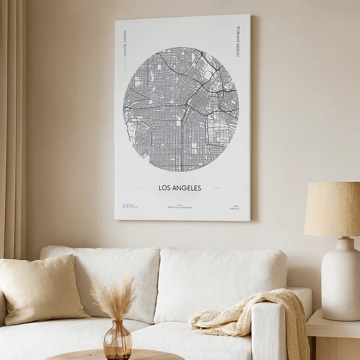 Obraz na płótnie - Minimalistyczna mapa Los Angeles w czarnych liniach na białym tle - 50x70cm - Anatomia Los Angeles - Nowoczesna dekoracja ścienna do salonu, kuchni i sypialni ARTTOR