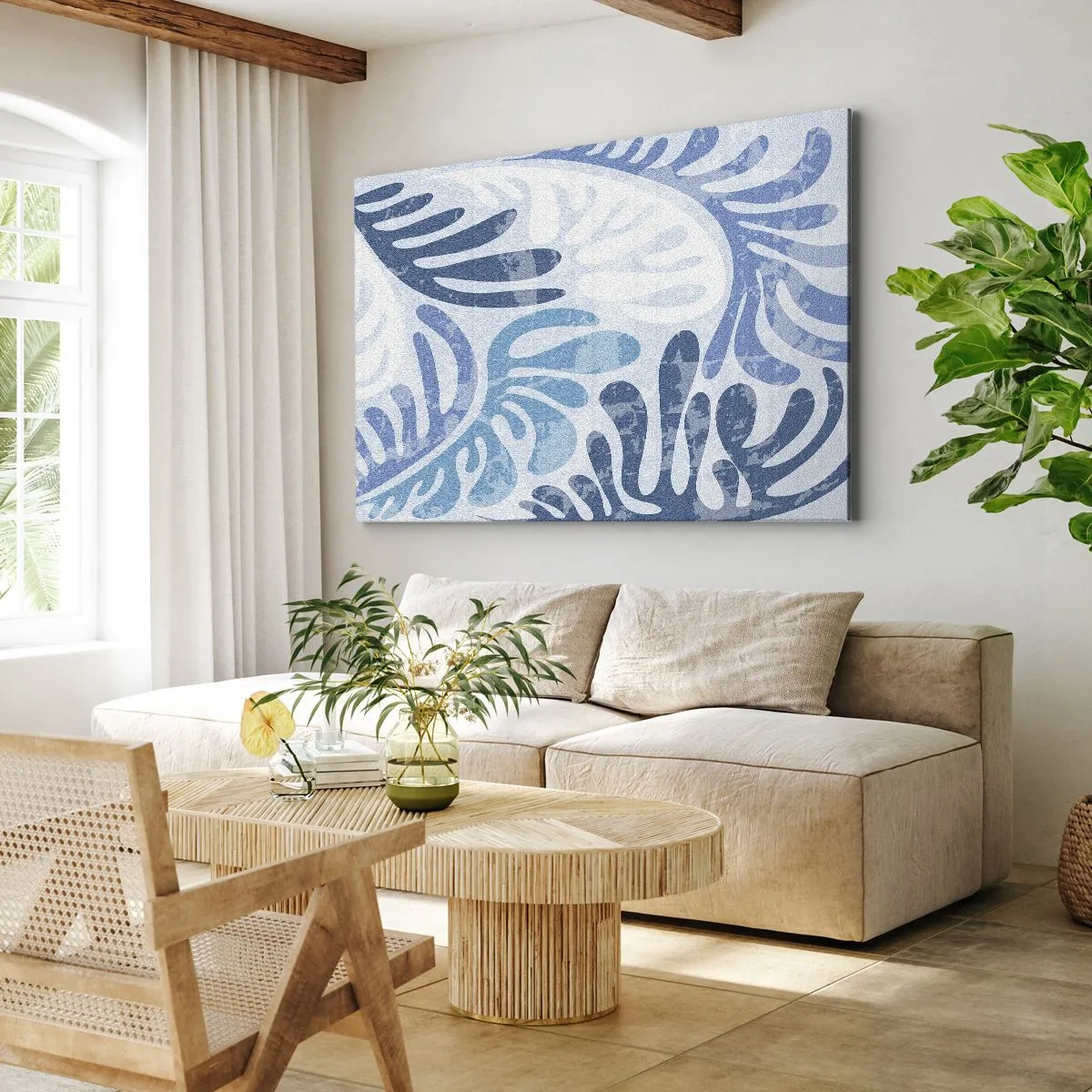 Obraz na płótnie - Abstrakcyjne kształty w odcieniach błękitu na białym tle - 70x50cm - Błękitne paprocie - Nowoczesna dekoracja ścienna do salonu i sypialni ARTTOR