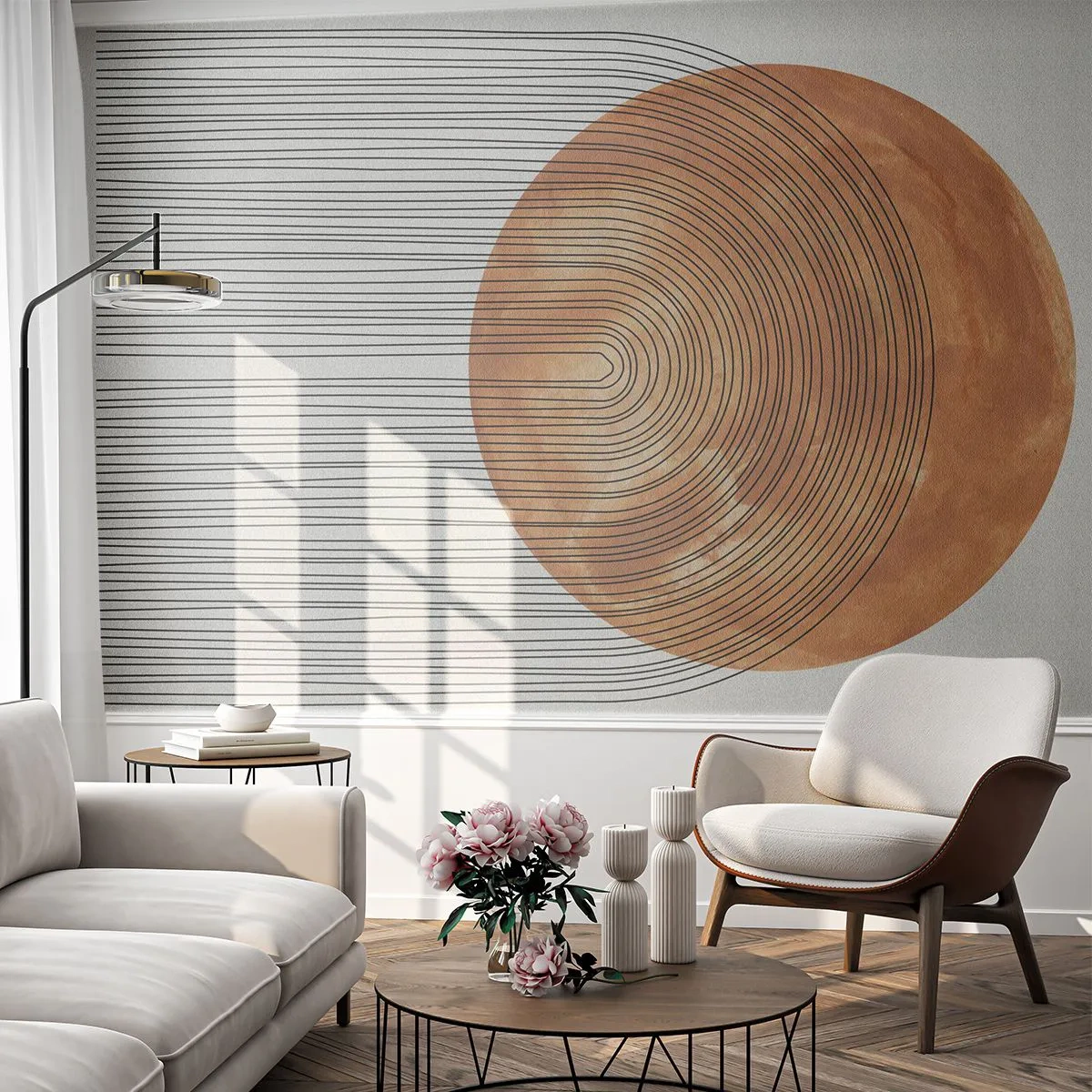 Fototapeta Premium Sand - Geometryczna abstrakcja z miedzianym kołem - 100x70cm - Kompozycja słoneczna - Nowoczesna dekoracja ścienna do salonu, kuchni i sypialni ARTTOR