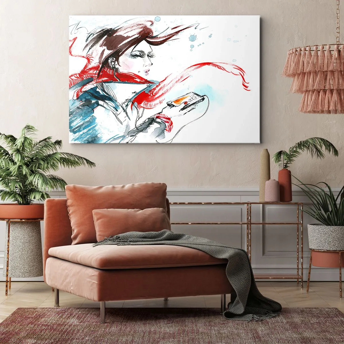 Obraz na płótnie - Kobieta w czerwonym szaliku z dynamicznymi pociągnięciami akwareli - 70x50cm - Coś we mnie gra - Nowoczesna dekoracja ścienna do salonu i sypialni ARTTOR
