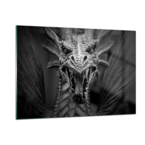 Obraz na szkle - Szczegółowy portret smoka w czarno-białej tonacji - 120x80cm - Baśniowy smok w szarościach - Nowoczesna dekoracja ścienna do salonu, kuchni i sypialni ARTTOR