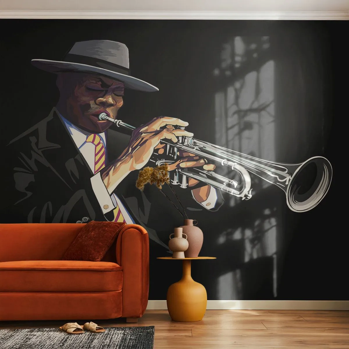 Fototapeta Premium Sand - Stylizowany trębacz w eleganckim stroju na czarnym tle - 100x70cm - Czar starej szkoły - Nowoczesna dekoracja ścienna do salonu, kuchni i sypialni ARTTOR