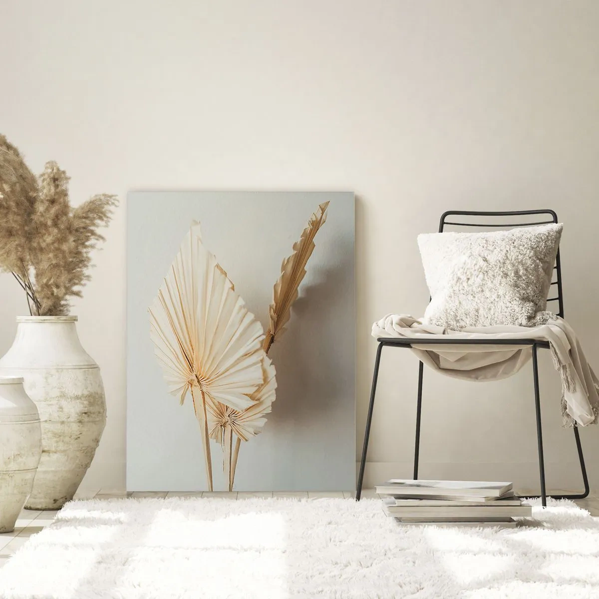 Obraz na szkle - Suszone liście palmowe w minimalistycznej aranżacji - 70x100cm - Gdy potrzebne ukojenie - Nowoczesna dekoracja ścienna do salonu i sypialni ARTTOR