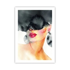 Plakat - Akwarelowy portret kobiety w dużych kolczykach i czarnej masce - 50x70cm - Tajemnica elegancji - Nowoczesna dekoracja ścienna do salonu, kuchni i sypialni ARTTOR