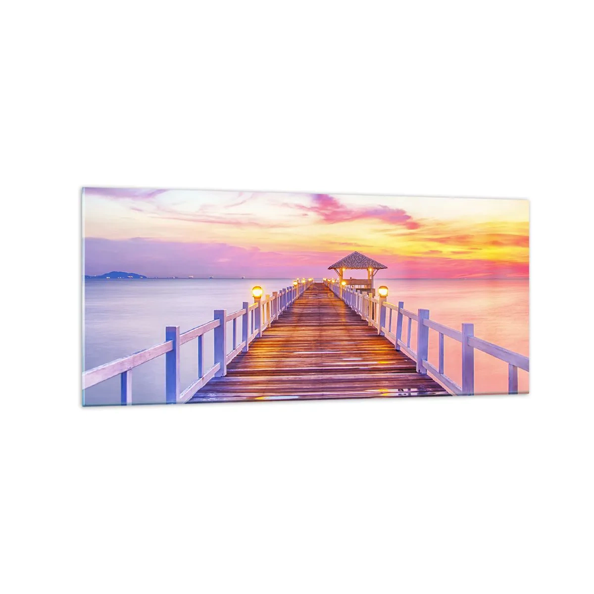 Obraz na szkle - Pomost nad wodą o zachodzie słońca w pastelowych barwach - 120x50cm - Liliowo-złota cisza wieczoru - Nowoczesna dekoracja ścienna do salonu i sypialni ARTTOR