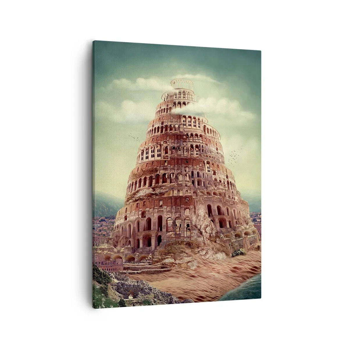 Obraz na płótnie - Fantastyczna wizja starożytnej wieży Babel w baśniowej scenerii - 50x70cm - Wieża Babel - Nowoczesna dekoracja ścienna do salonu, kuchni i sypialni ARTTOR