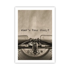 Plakat - Stara maszyna do pisania z napisem What’s Your Story - 50x70cm - Opowiedz mi - Nowoczesna dekoracja ścienna do salonu, kuchni i sypialni ARTTOR