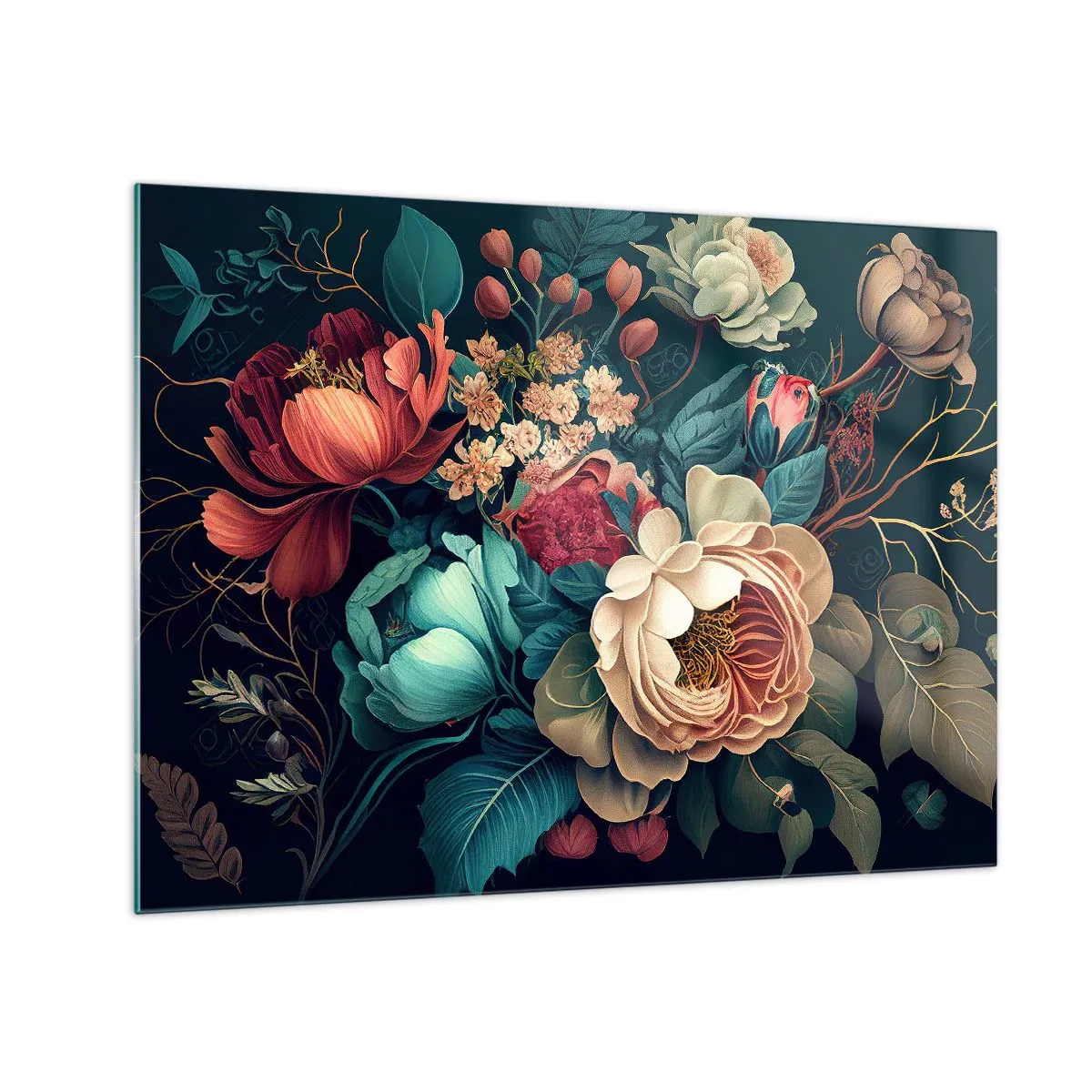 Obraz na szkle - Bukiet kwiatów w stylu vintage na ciemnym tle - 70x50cm - XIX-wieczny czar - Nowoczesna dekoracja ścienna do salonu i sypialni ARTTOR