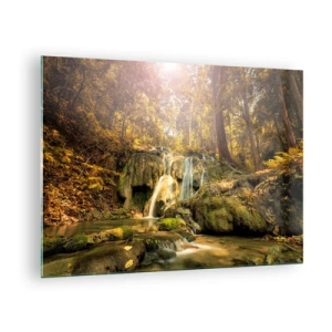Obraz na szkle - Leśna kaskada w zieleni - 70x50cm - Leśna kaskada w zieleni - Nowoczesna dekoracja ścienna do salonu i sypialni ARTTOR