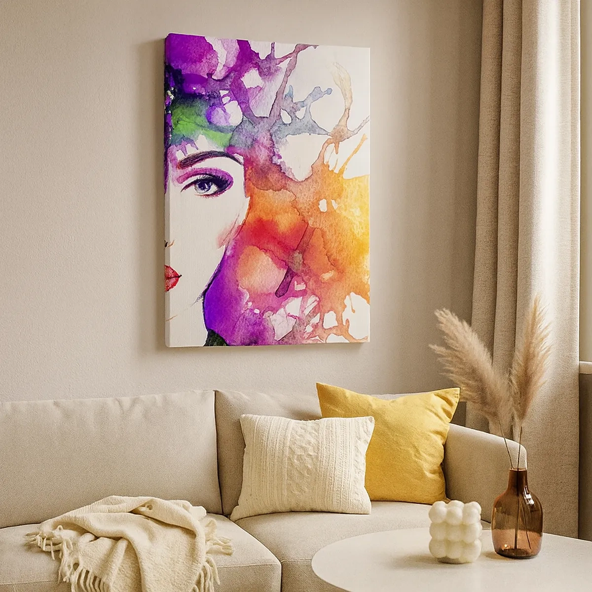 Obraz na płótnie - Portret kobiety w abstrakcyjnej akwarelowej kolorystyce - 50x70cm - Z głową w chmurach - Nowoczesna dekoracja ścienna do salonu, kuchni i sypialni ARTTOR