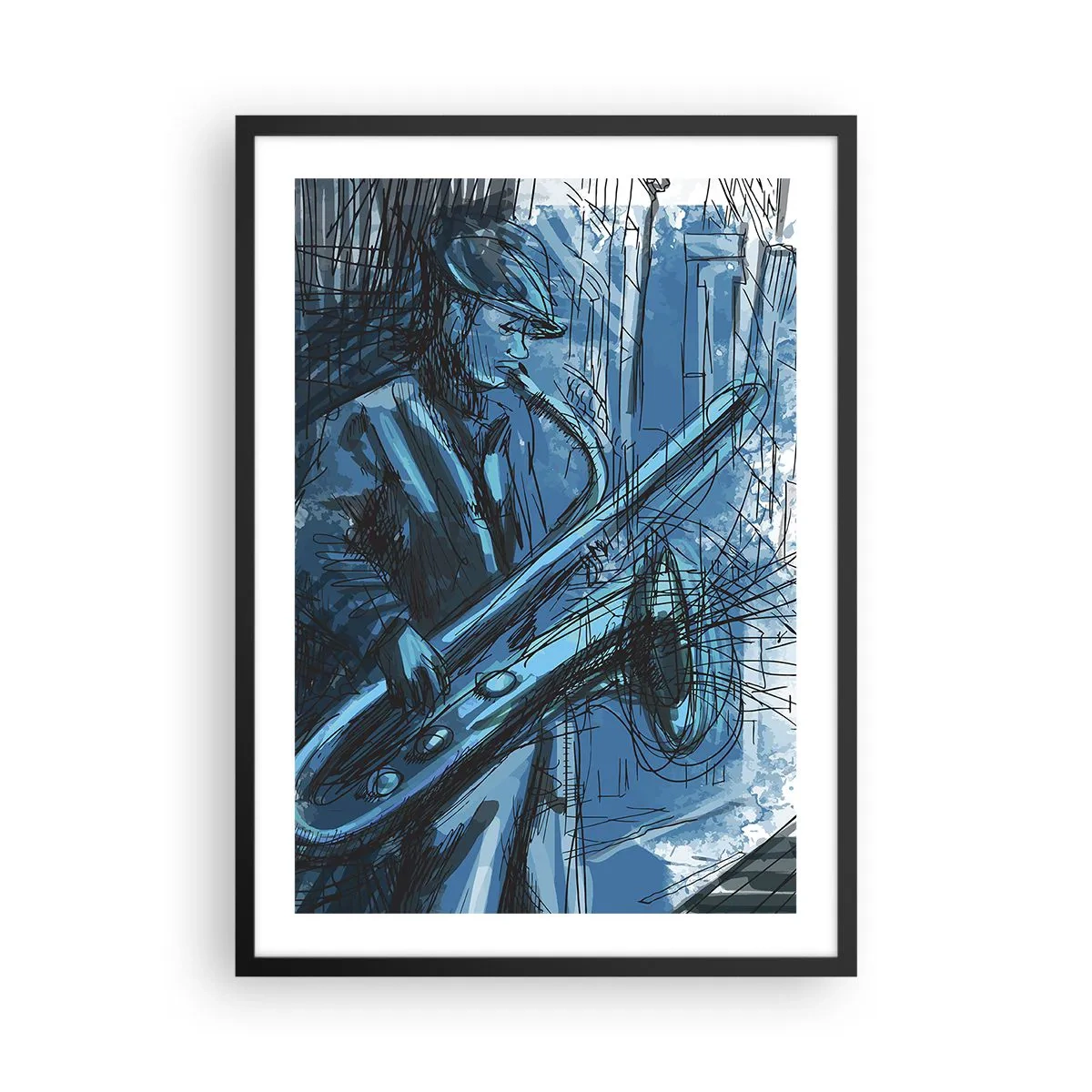 Plakat w czarnej ramie - Artystyczny szkic muzyka grającego na saksofonie - 50x70cm - Miejska rapsodia - Nowoczesna dekoracja ścienna do salonu i sypialni ARTTOR