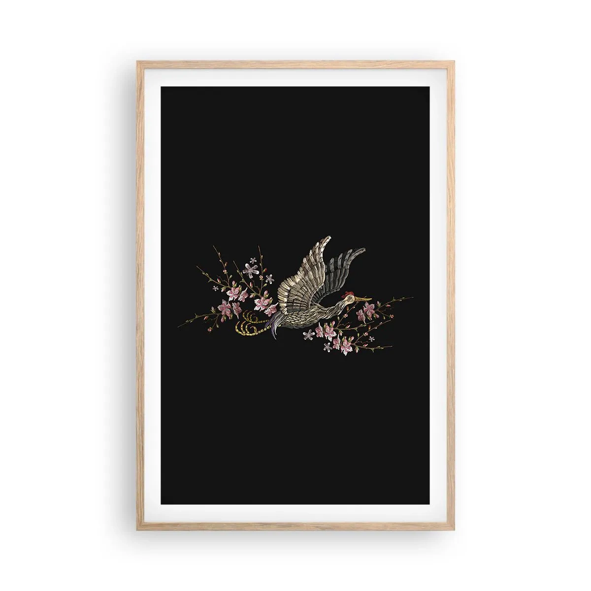 Plakat w ramie jasny dąb - Egzotyczny, haftowany ptak - 61x91 cm