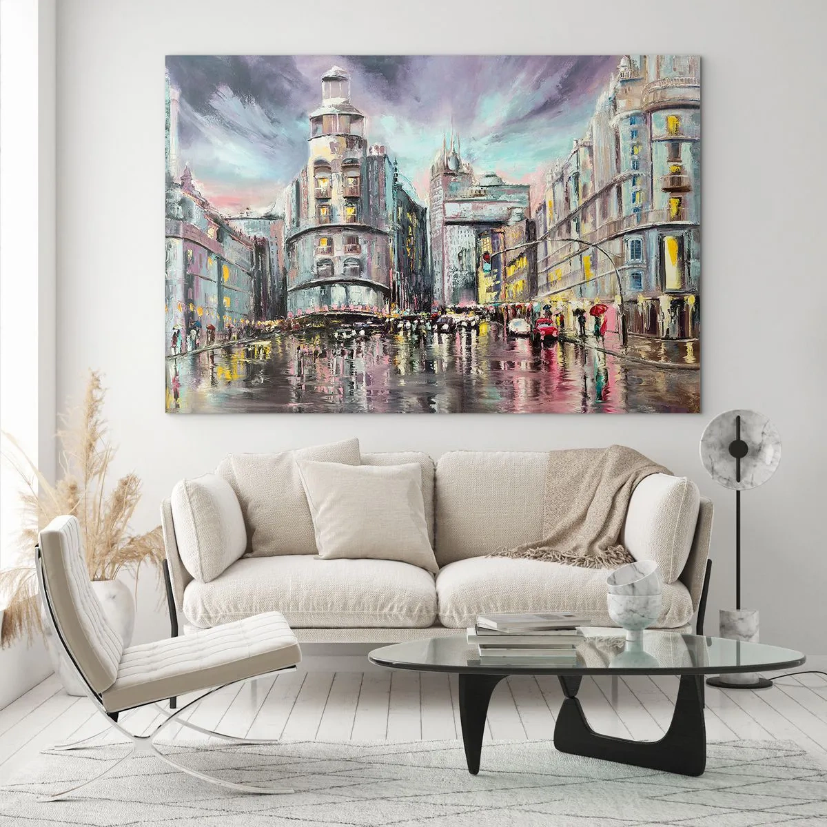 Obraz na szkle - Ulica miasta w deszczu z efektownym odbiciem świateł - 70x50cm - To będzie udany wieczór - Nowoczesna dekoracja ścienna do salonu i sypialni ARTTOR