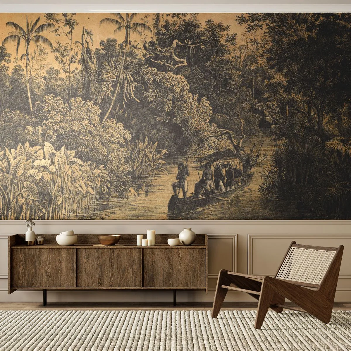 Fototapeta Premium Sand - Rysunkowa scena dżungli z łodzią na rzece - 100x70cm - Wyprawa do źródła - Nowoczesna dekoracja ścienna do salonu, kuchni i sypialni ARTTOR