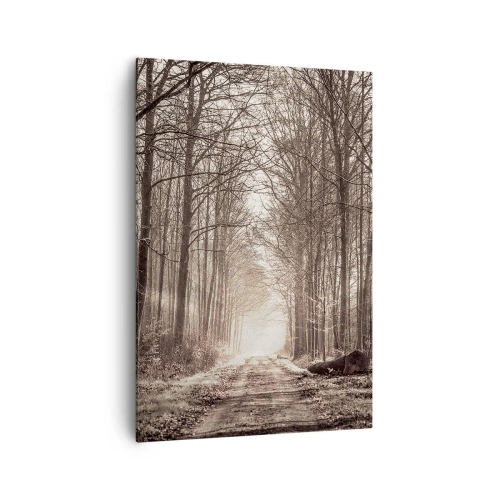 Obraz na płótnie - Leśna ścieżka wśród drzew w odcieniach sepii - 70x100cm - Leśna katedra - Nowoczesna dekoracja ścienna do salonu i sypialni ARTTOR