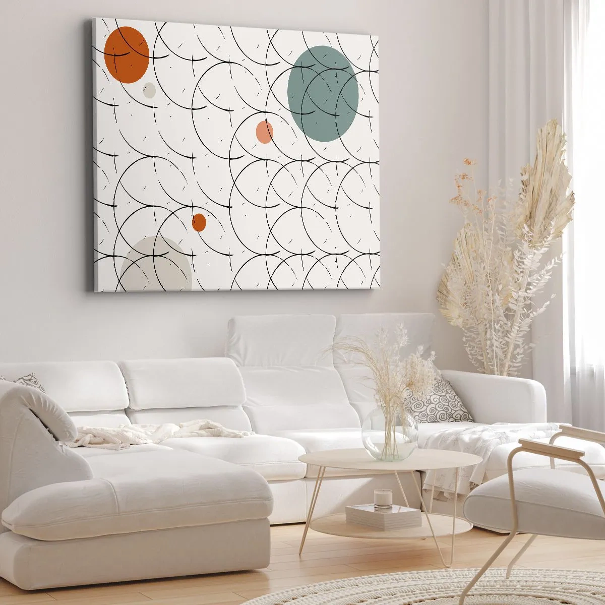 Obraz na płótnie - Geometryczny wzór z kolorowymi okręgami na jasnym tle - 120x80cm - W pop-artowym duchu - Nowoczesna dekoracja ścienna do salonu, kuchni i sypialni ARTTOR