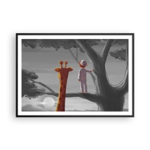 Plakat w czarnej ramie - Dziecko i żyrafa na gałęzi drzewa w bajkowym krajobrazie - 100x70cm - To się naprawdę dzieje - Nowoczesna dekoracja ścienna do salonu i sypialni ARTTOR
