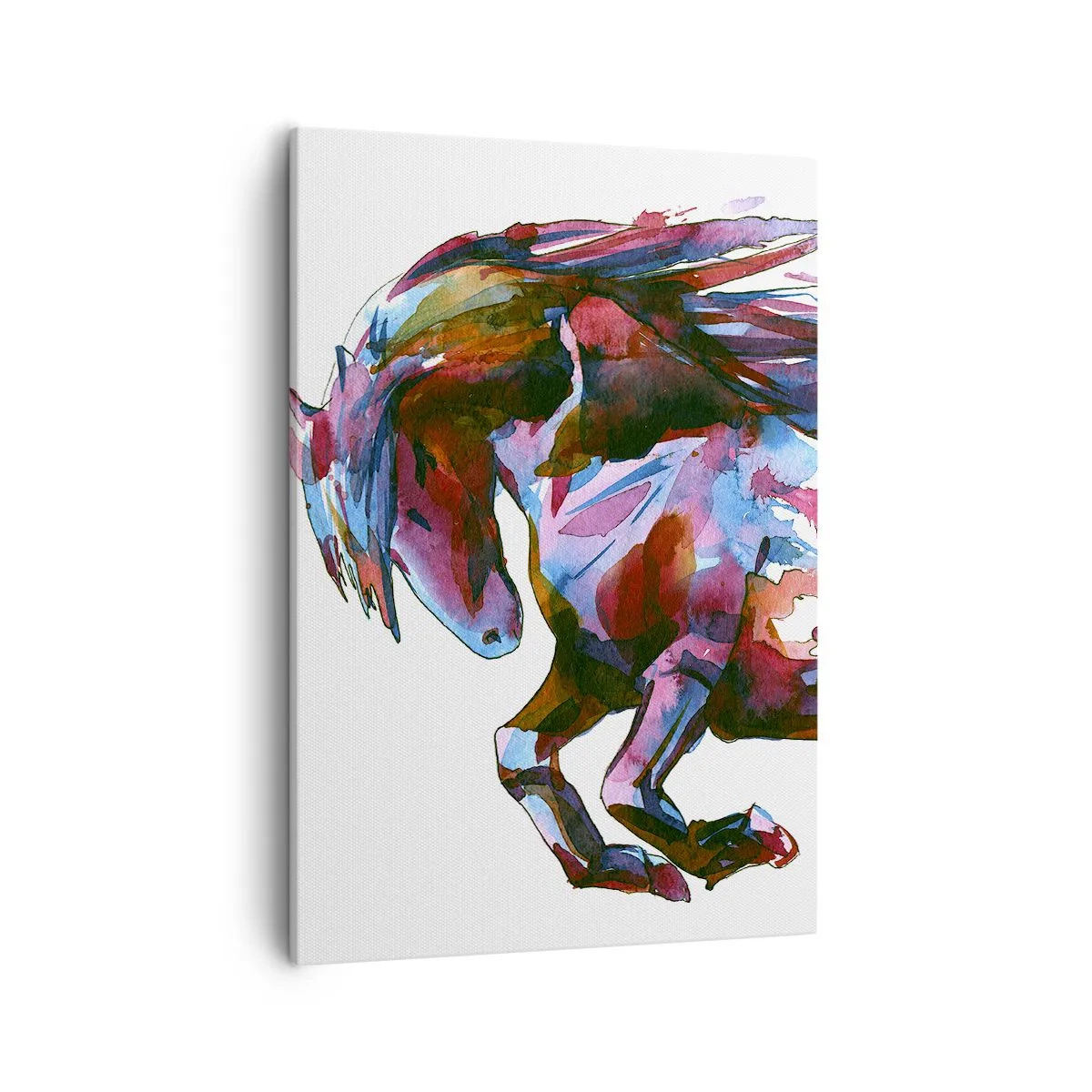 Obraz na płótnie - Koń w dynamicznej pozie z kolorowymi, abstrakcyjnymi pociągnięciami pędzla - 50x70cm - W uniesieniu - Nowoczesna dekoracja ścienna do salonu, kuchni i sypialni ARTTOR