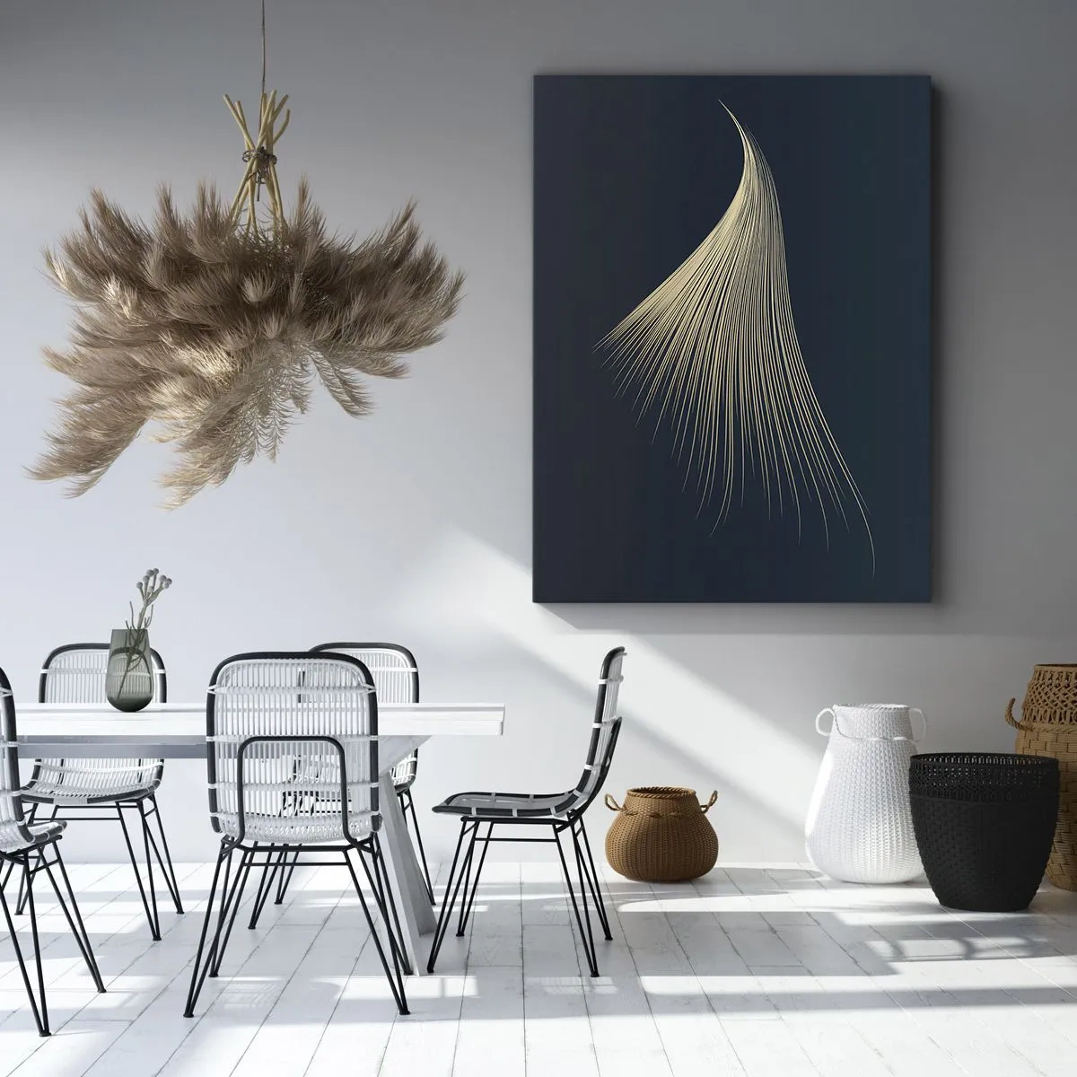 Obraz na płótnie - Złota abstrakcyjna forma przypominająca kosmyk włosów na ciemnoniebieskim tle - 50x70cm - Jak anioła włos - Nowoczesna dekoracja ścienna do salonu, kuchni i sypialni ARTTOR