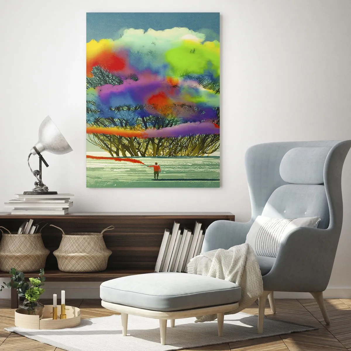 Obraz na szkle - Postać z kolorowym dymem w tle drzewa na pustkowiu - 70x100cm - Ożywić ten świat - Nowoczesna dekoracja ścienna do salonu i sypialni ARTTOR