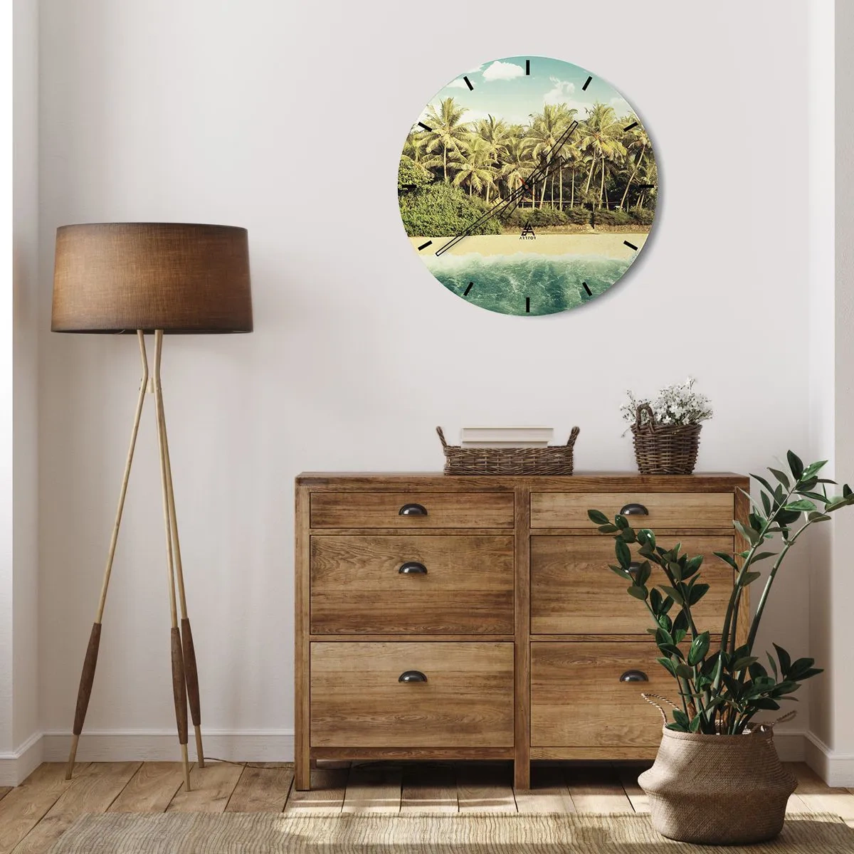 Zegar ścienny - Plaża z palmami i turkusowym morzem w tle - 30x30cm - A może tutaj? - Nowoczesna dekoracja ścienna do salonu, kuchni i sypialni ARTTOR