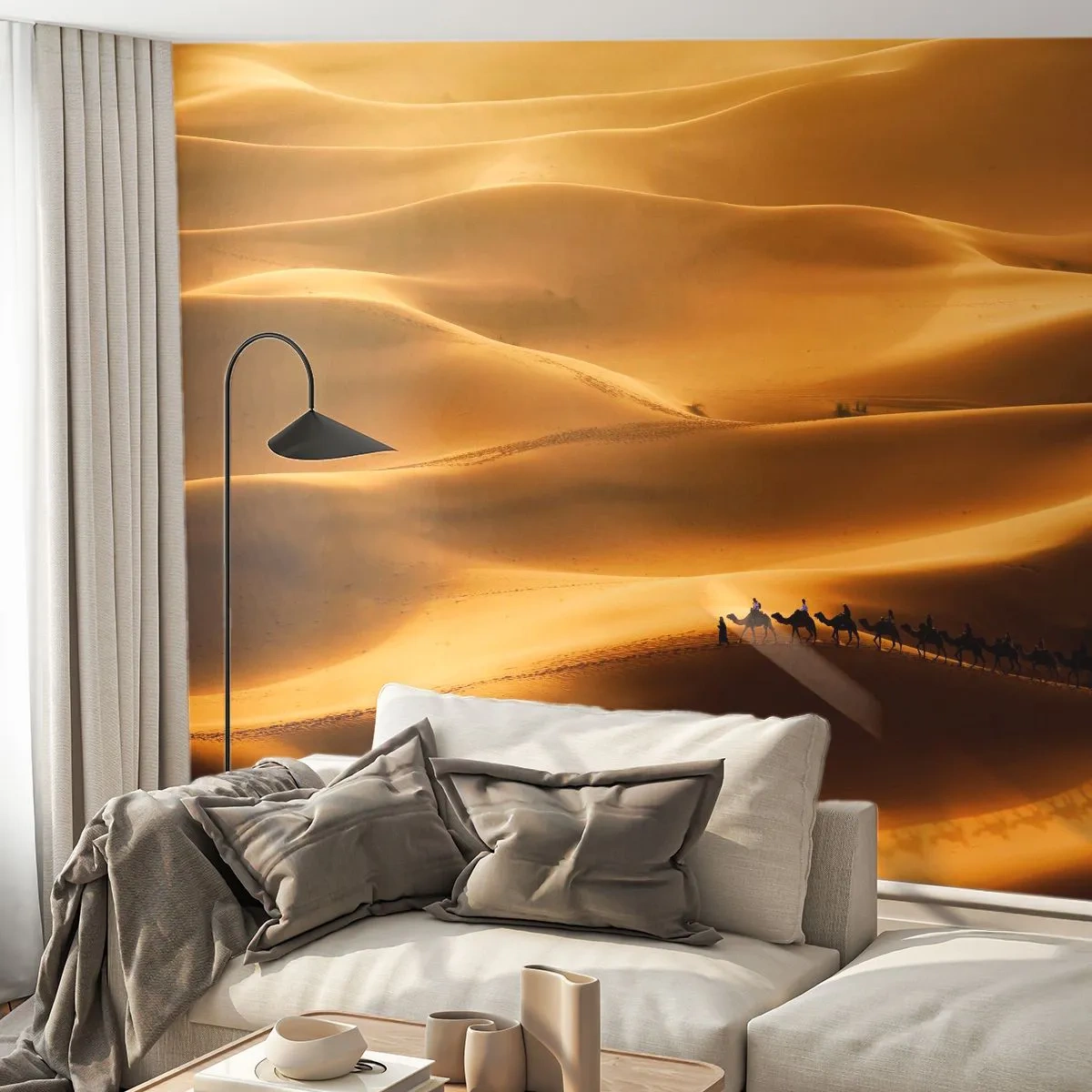 Fototapeta Premium Sand - Karawana na złotych wydmach pustyni - 100x70cm - Karawana na falach pustyni - Nowoczesna dekoracja ścienna do salonu, kuchni i sypialni ARTTOR