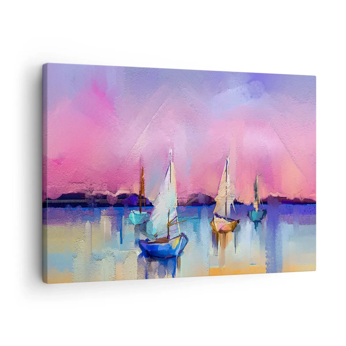 Obraz na płótnie - Żaglówki na spokojnym morzu w pastelowych kolorach zachodu - 70x50cm - Kierunek: szerokie wody - Nowoczesna dekoracja ścienna do salonu i sypialni ARTTOR