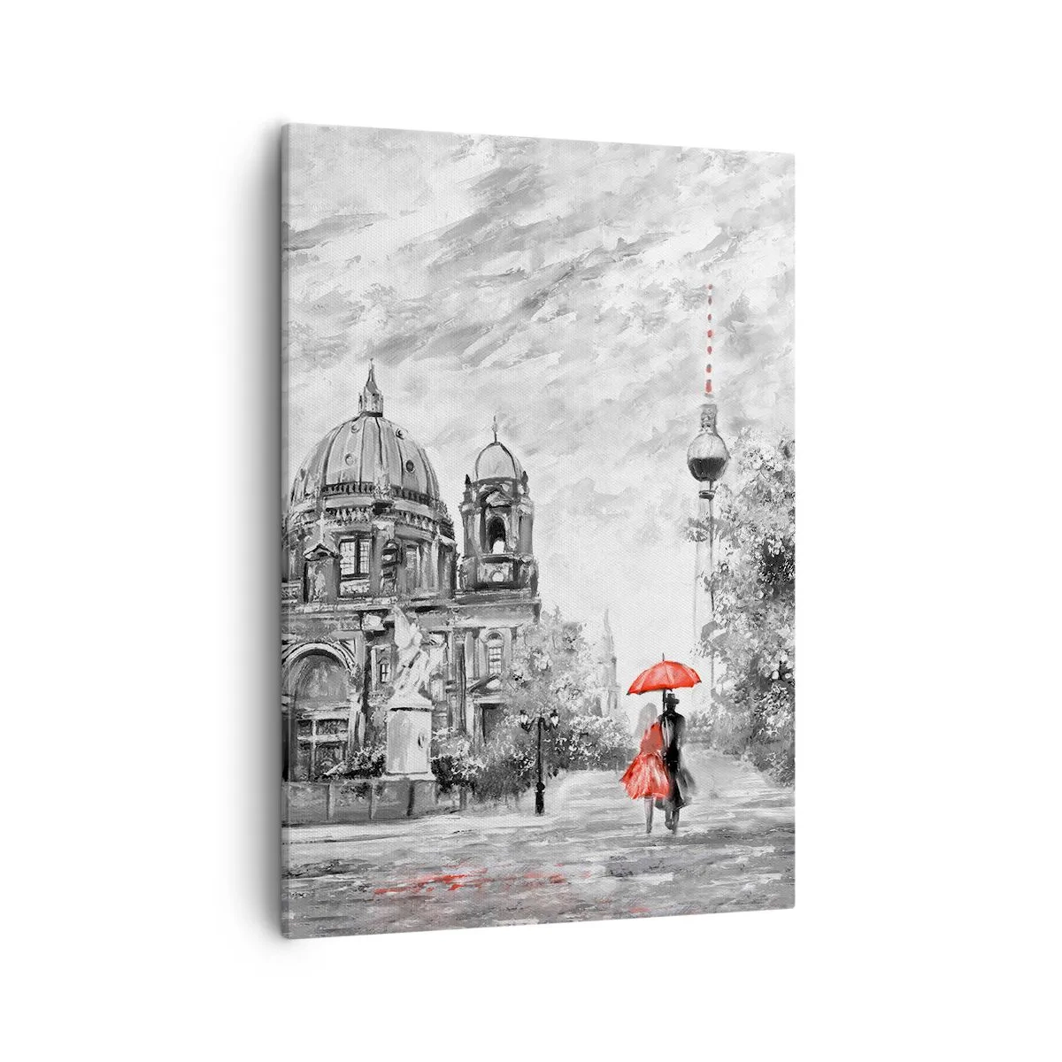 Obraz na płótnie - Para z czerwonym parasolem na tle berlińskiej katedry i wieży telewizyjnej - 50x70cm - Berlińskie spotkanie - Nowoczesna dekoracja ścienna do salonu, kuchni i sypialni ARTTOR