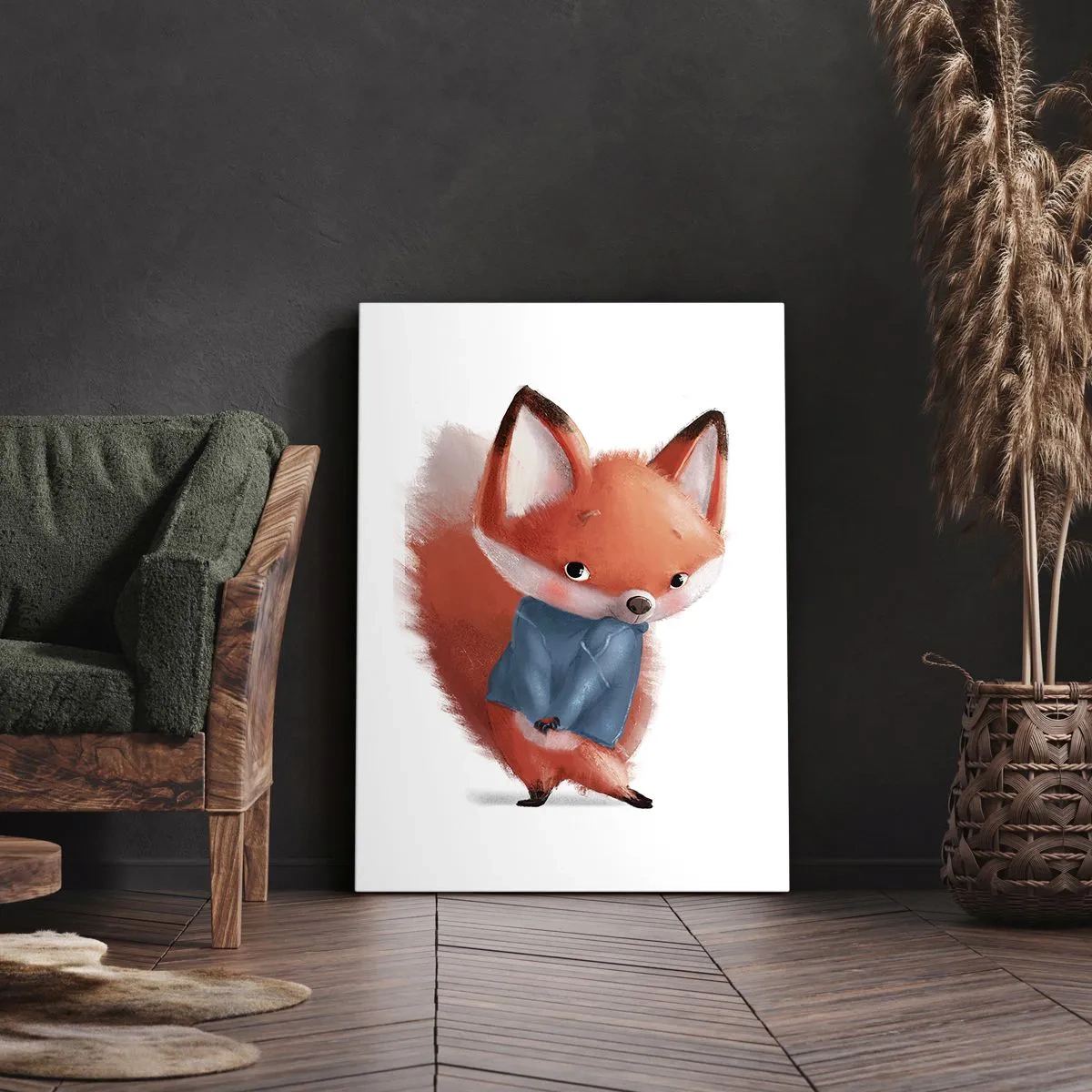 Obraz na płótnie - Uroczy lisek w niebieskim sweterku na białym tle - 50x70cm - Ładnie mi w tym? - Nowoczesna dekoracja ścienna do salonu, kuchni i sypialni ARTTOR