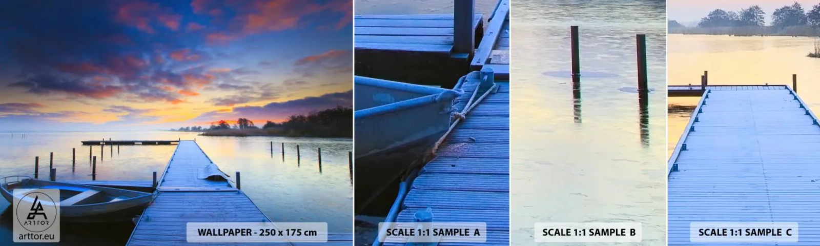 Fototapeta Próbka Standard Eco - Fioletowo-złoty spokój - Krajobraz, Jezioro, Łódka - 100x30 cm