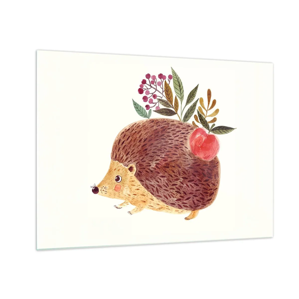 Obraz na szkle - Rysunkowy jeż z jabłkiem i gałązkami na grzbiecie - 70x50cm - I już mnie lubisz - Nowoczesna dekoracja ścienna do salonu i sypialni ARTTOR