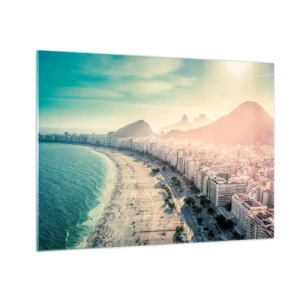 Obraz na szkle - Panorama plaży z miejską zabudową i górskim tłem - 70x50cm - Wieczne wakacje w Rio - Nowoczesna dekoracja ścienna do salonu i sypialni ARTTOR