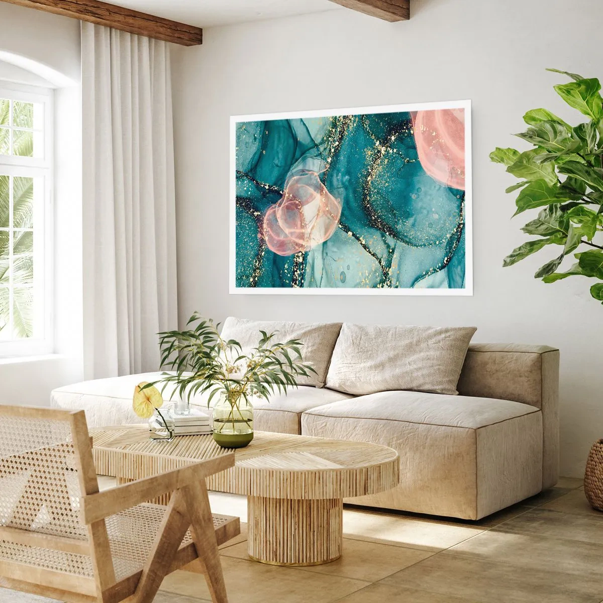 Plakat - Jedwabny błękit, tiulowy róż - 50x40 cm