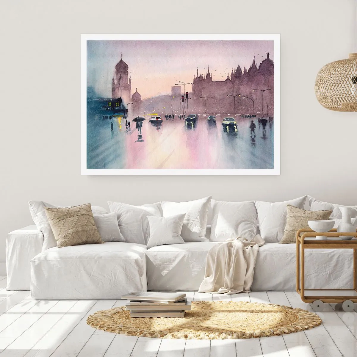 Plakat - Miejska ulica o zmierzchu w akwarelowym stylu - 100x70cm - W deszczowej mgiełce - Nowoczesna dekoracja ścienna do salonu i sypialni ARTTOR