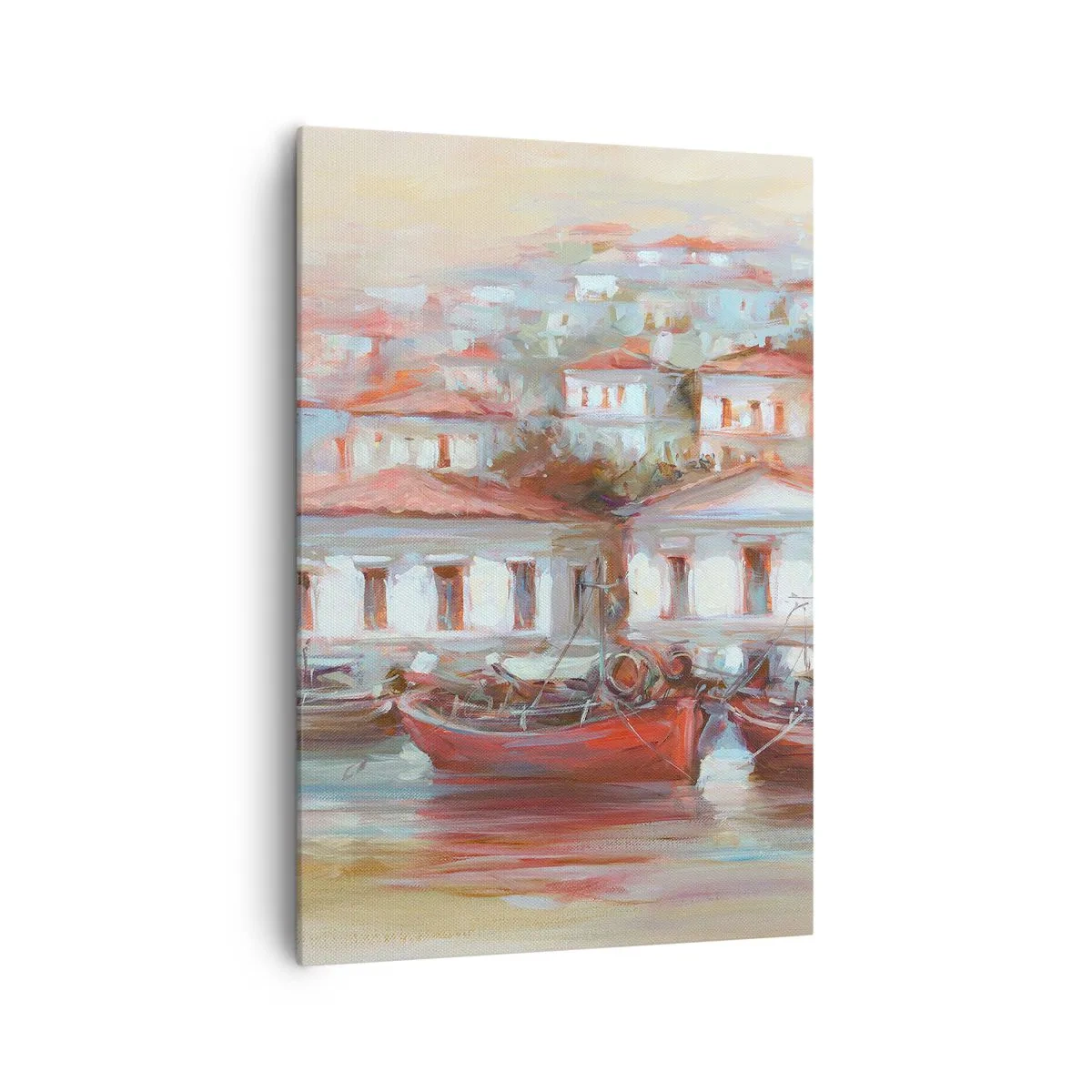 Obraz na płótnie - Kolorowe łodzie i malownicze budynki nad wodą w pastelowych barwach - 70x100cm - Szczęśliwe miasteczko - Nowoczesna dekoracja ścienna do salonu i sypialni ARTTOR