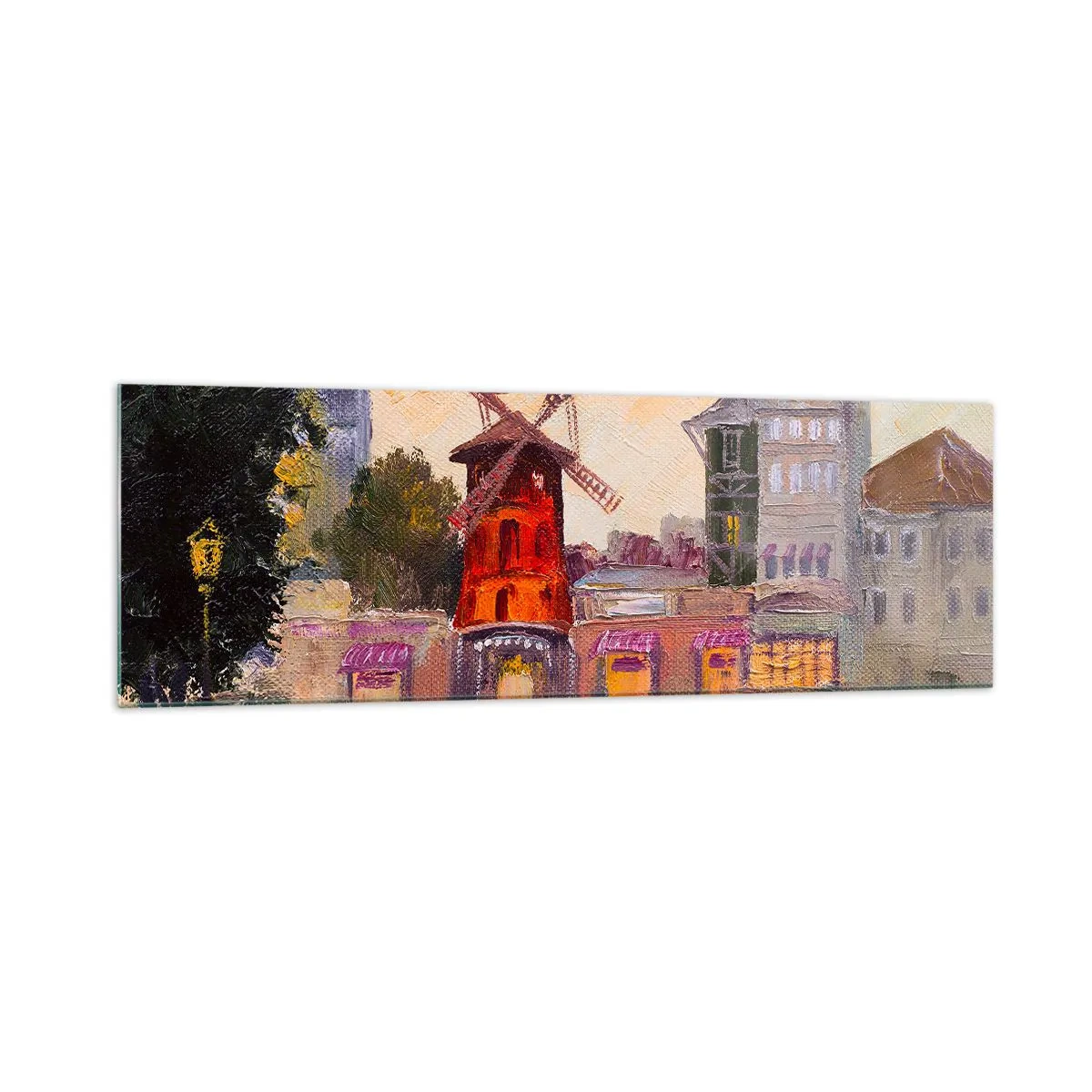 Obraz na szkle - Czerwony wiatrak Moulin Rouge otoczony miejskim pejzażem - 160x50cm - Paryskie ikony – Moulin Rouge - Nowoczesna dekoracja ścienna do salonu i sypialni ARTTOR