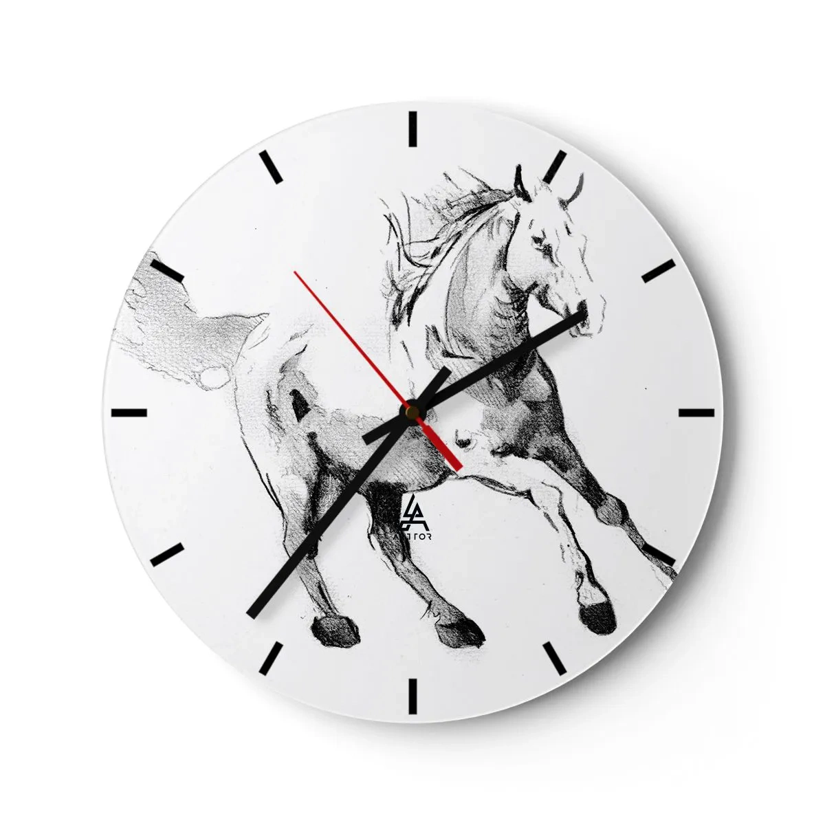 Zegar ścienny - Szkic galopującego konia na białym tle - 30x30cm - Nieujarzmiona dusza - Nowoczesna dekoracja ścienna do salonu, kuchni i sypialni ARTTOR
