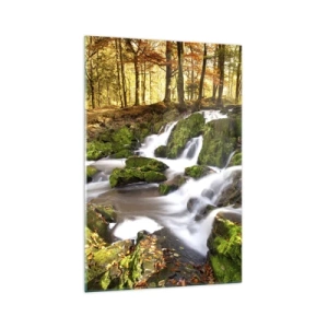 Obraz na szkle - Zalesiony krajobraz z wodospadem otoczonym mchem - 70x100cm - Bystro przez jesienny las - Nowoczesna dekoracja ścienna do salonu i sypialni ARTTOR