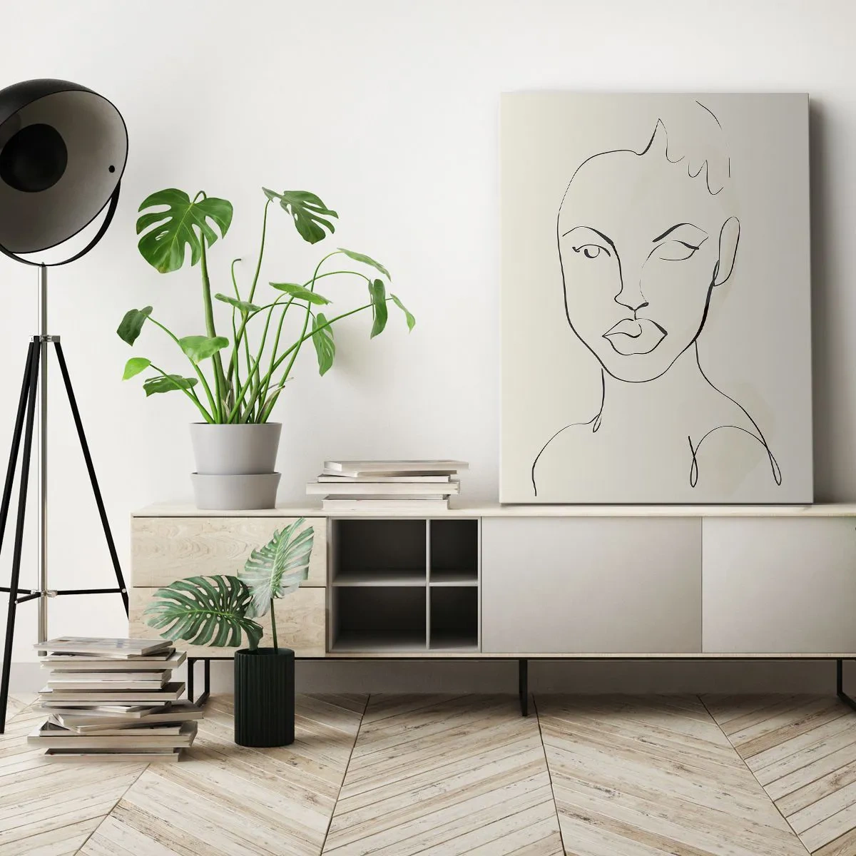 Obraz na płótnie - Minimalistyczny szkic twarzy kobiety - 80x120cm - Zarys zmysłowości - Nowoczesna dekoracja ścienna do salonu i sypialni ARTTOR