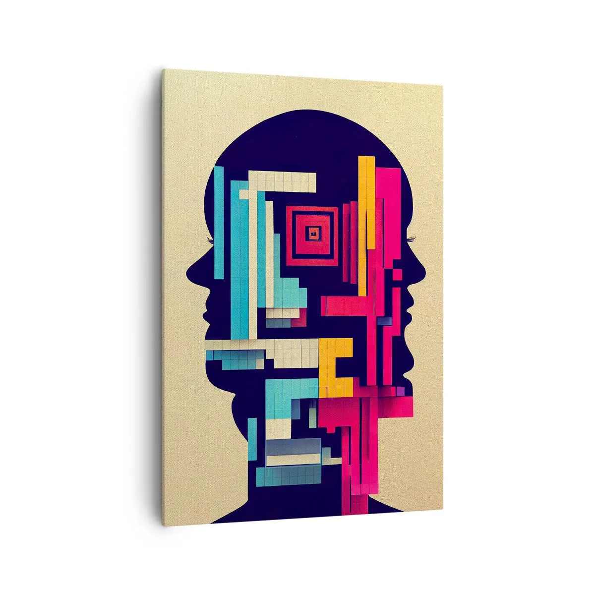 Obraz na płótnie - Abstrakcyjna ilustracja dwóch ludzkich sylwetek w geometrycznym stylu - 70x100cm - Nowe więzi - Nowoczesna dekoracja ścienna do salonu i sypialni ARTTOR